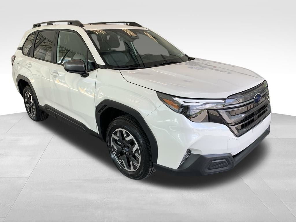 2026 Subaru FORESTER Premium in Crystal White Pearl — front three-quarter view
