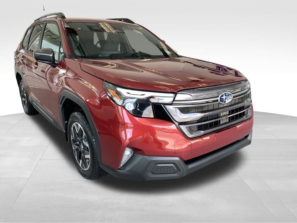2026 Subaru FORESTER Premium in Crimson Red Pearl — front three-quarter view