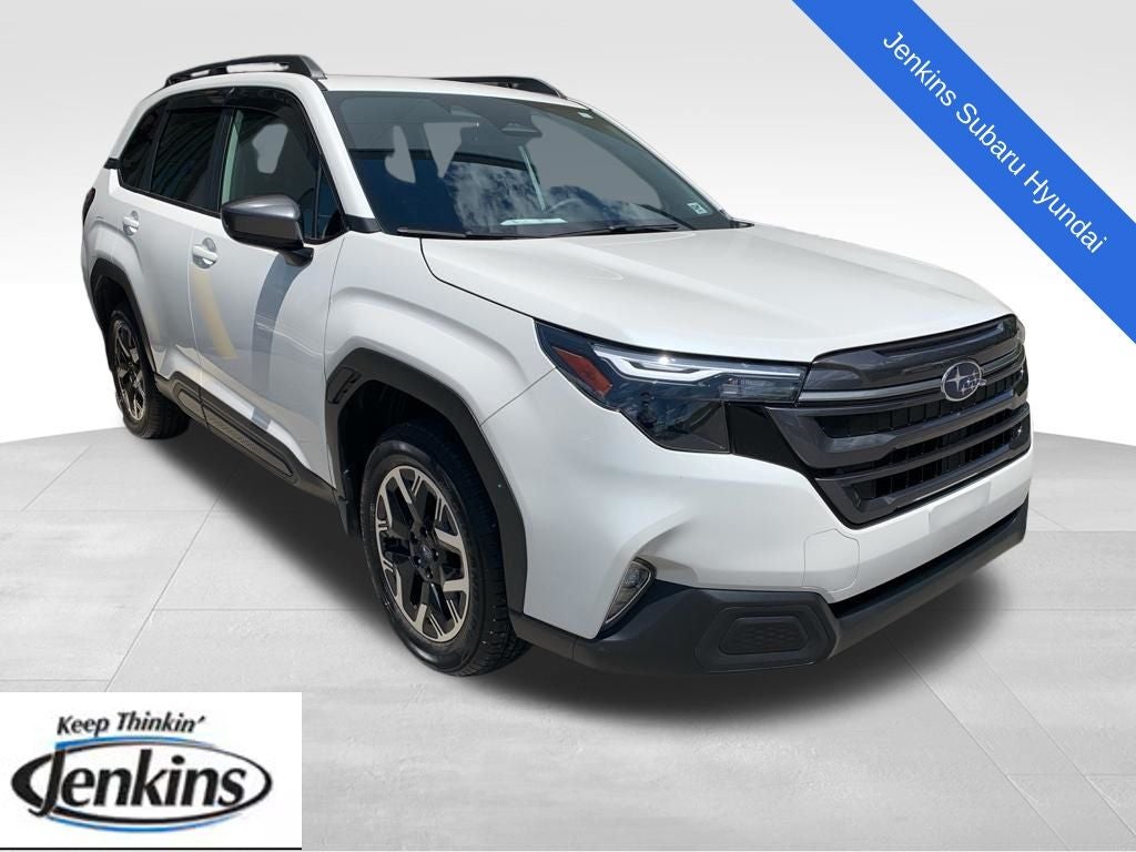2025 Subaru Forester Premium in Crystal White Pearl — front three-quarter view