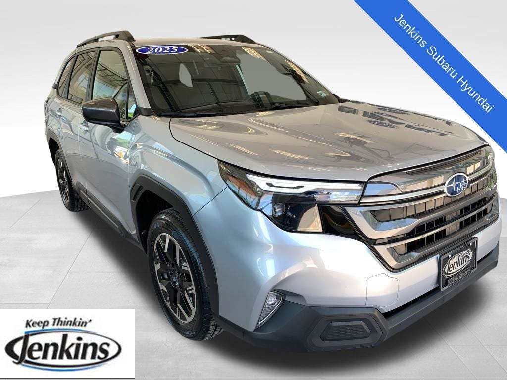 2025 Subaru Forester Premium in Ice Silver Metallic — front three-quarter view