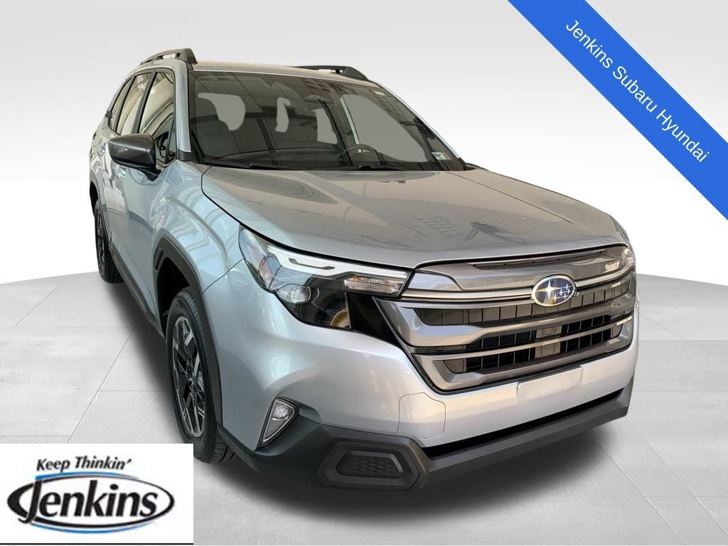 2025 Subaru Forester Premium in Ice Silver Metallic — front three-quarter view